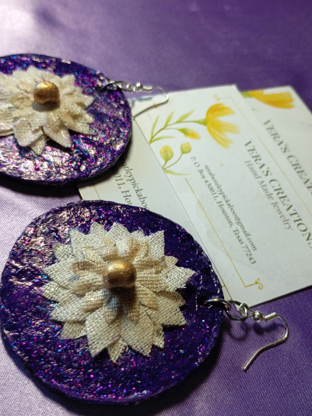 Purple Glitter Floral Drop Earrings with Cream Flower Accent
